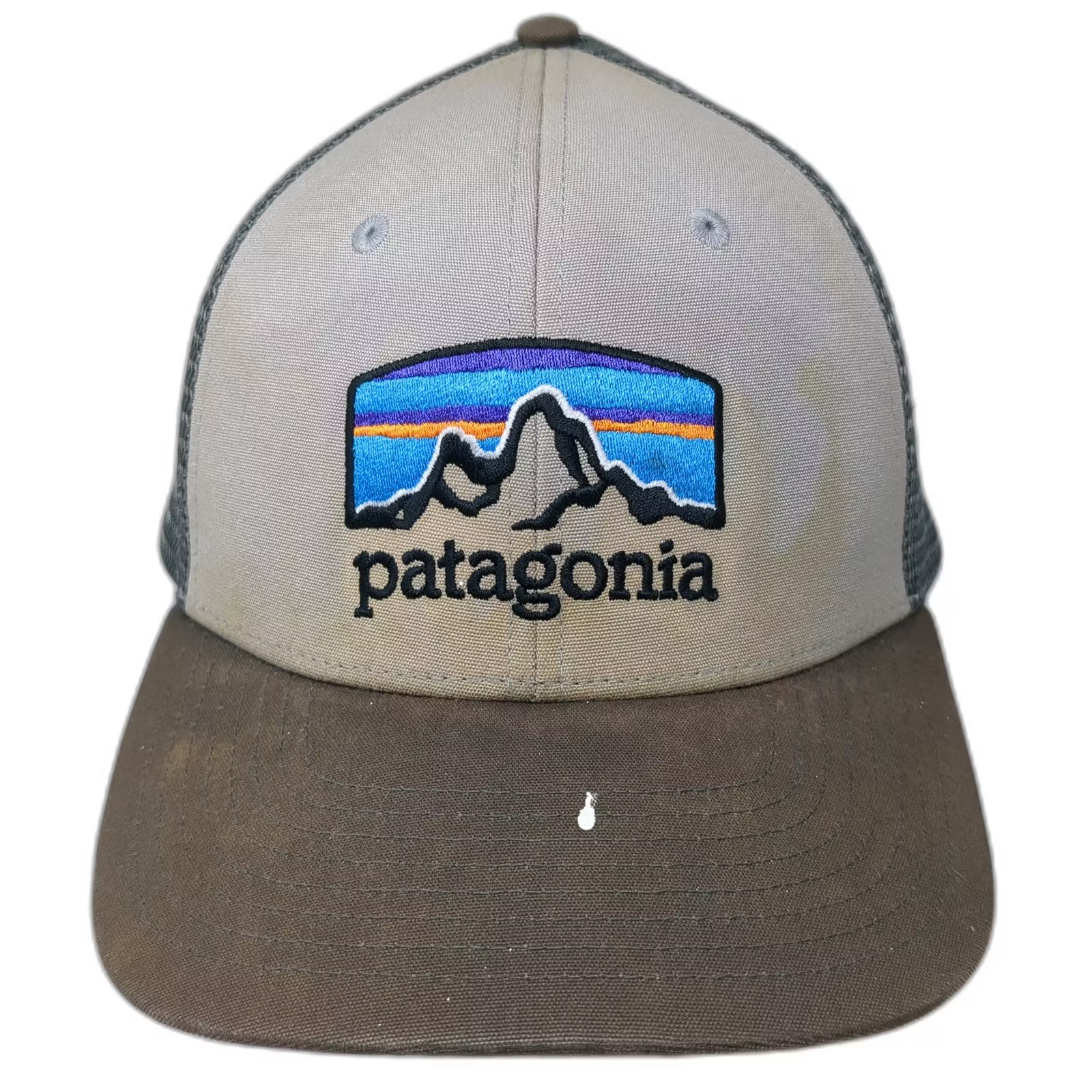 Patagonia Trucker Hat Beige Brown Os Snapback Mesh Embroidered Mountain Logo Hat